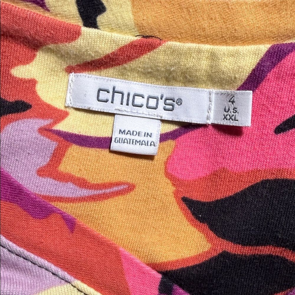Chico's Pink, Yellow Black Red Yellow Floral V‑Neck Long Sleeve Top - Picture 5 of 7